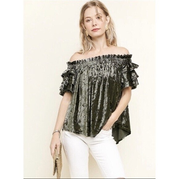 NWT Umgee Green Olive Velvet Off Shoulder Top Blouse Size Large - Picture 1 of 11